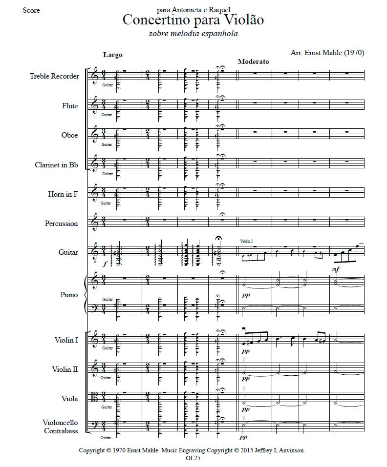 Concertino for Guitar on a Spanish Melody for Guitar and Orchestra, by Ernst Mahle, First Page of the Full Score